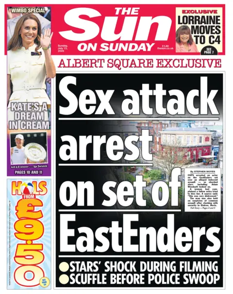 The headline on the front page of the Sun reads: "Sex attack arrest on the set of EastEnders".
