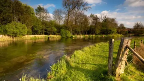 Southern Water issues hosepipe ban for Hampshire and Isle of Wight Getty Images The River Itchen with green grass banks on either side. There are trees on the far side of the river and a bridge can be seen crossing the river in the distance.