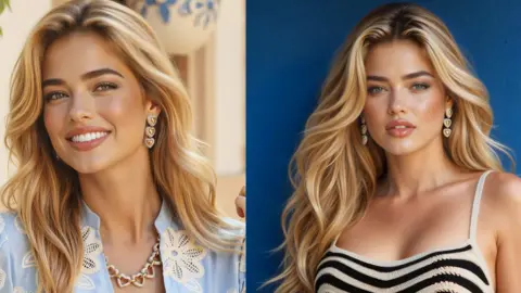 What Guess's AI model in Vogue means for beauty standards Seraphinne Vallora AI generated image of a woman with blonde hair wearing a blue floral top on the left and a black and white dress on the right