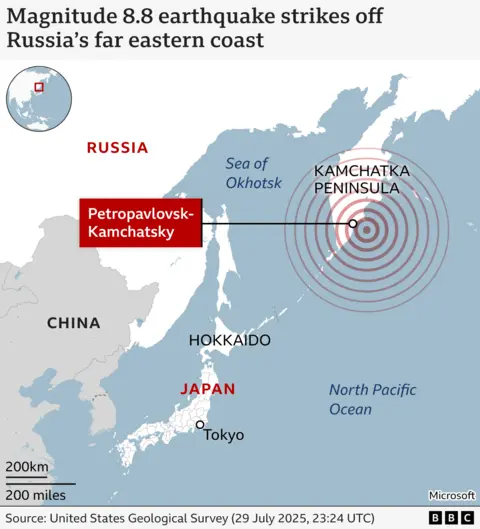 A map showing where the earthquake struck near Russia's Kamchatka Peninsula 