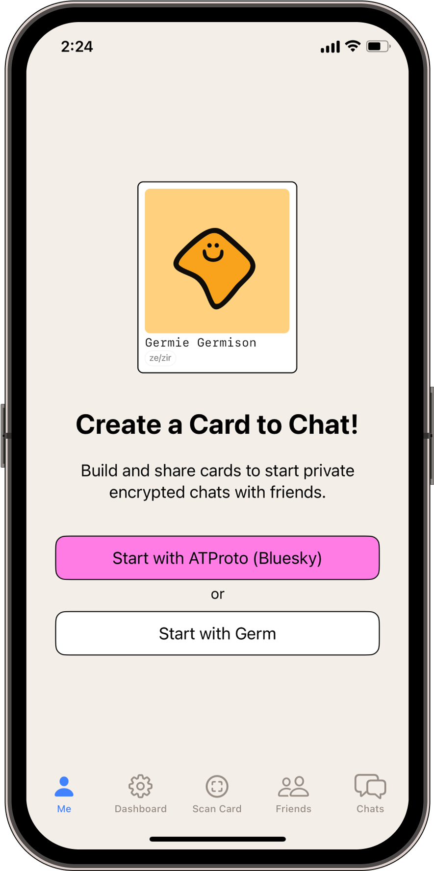 Germ brings end-to-end encrypted messages to Bluesky a screenshot of the Germ app, which requires logging in and creating a card to chat.