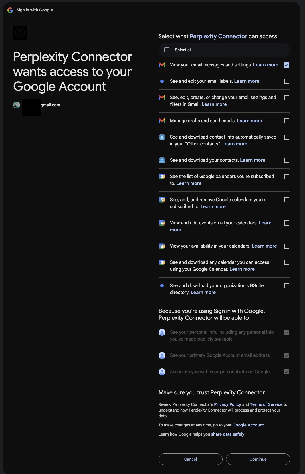 For privacy and security, think twice before granting AI access to your personal data a list of more than a dozen permissions that Perplexity's browser asks for access to when connecting to a person's Google Account.