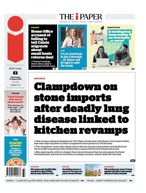 The headline on the front page of the i Paper reads: “Clampdown on stone imports after deadly lung disease linked to kitchen revamps"