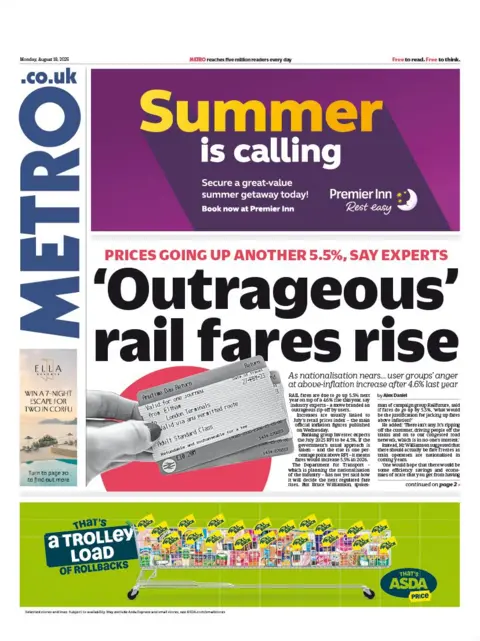 "'Outrageous' rail fares rise" reads the headline on the front page of the Metro.
