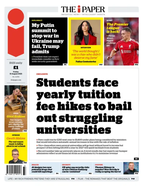 The headline on the front page of the i Paper reads: "Students face yearly tuition fee hikes to bail out struggling universities". 