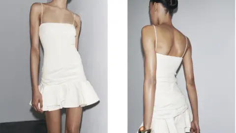 Is super skinny back? UK sees rise in complaints over thin models Zara A model with brown hair poses in a short white ruffled dress with shadows appearing to make her legs look thinner