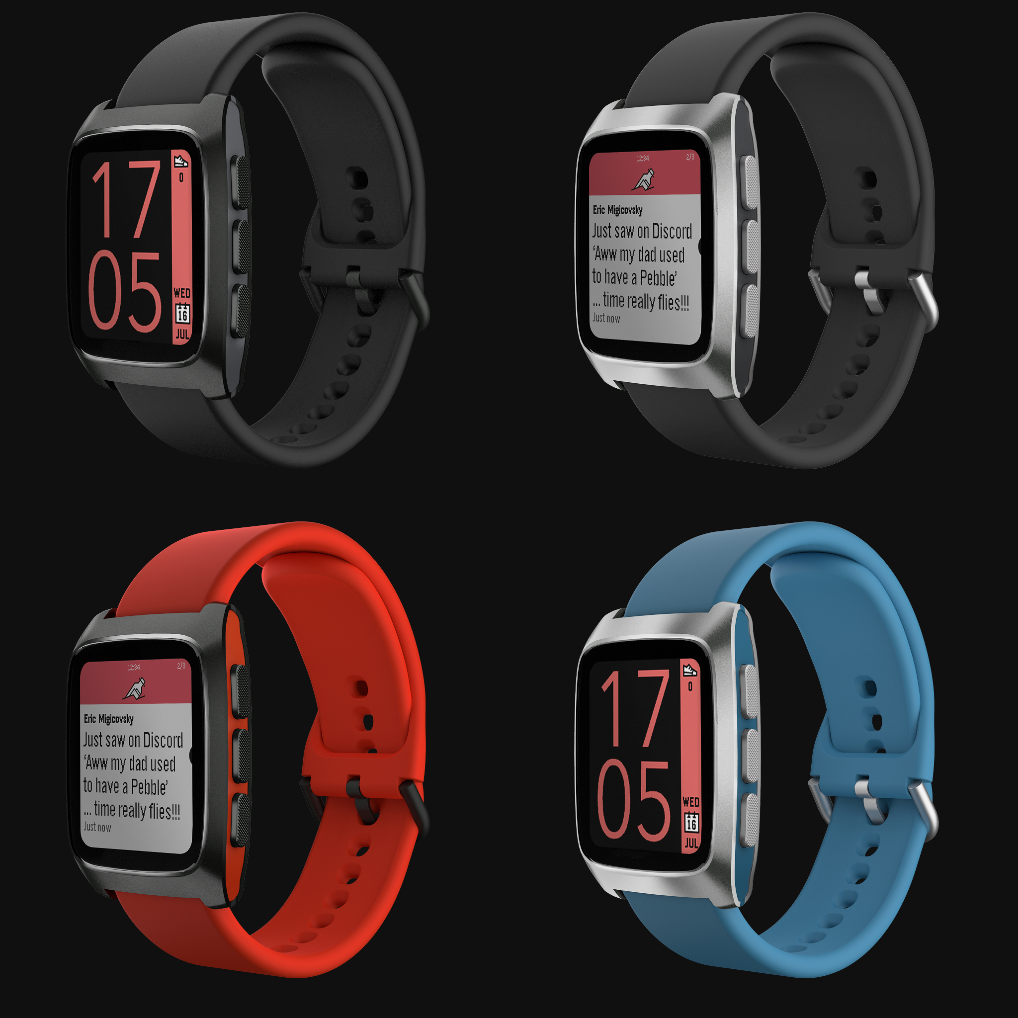 Pebble's smartwatch is back: Pebble Time 2 specs revealed a photo of four pebble watches, ones with black, gray, red and blue bands.