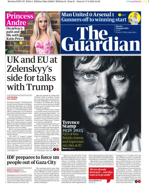 "UK and EU at Zelensky's side for talks with Trump" reads the headline on the front page of The Guardian.