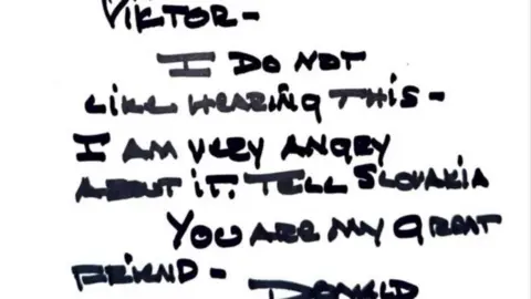 Russia trying to stop meeting on peace and prolong war, says Zelensky Facebook What appears to be a handwritten missive in black marker to the Hungarian prime minister Viktor Orban from Donald Trump reads "Viktor - I do not like hearing this - I am very angry about it! Tell Slovakia. You are my great friend - Donald."