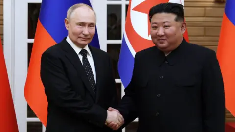 Putin reaffirms friendship with North Korea ahead of Trump talks SPUTNIK/EPA-EFE/REX/Shutterstock Russian President Vladimir Putin shakes hands with North Korean leader Kim Jong Un during their meeting in Pyongyang, North Korea, 19 June 2024.