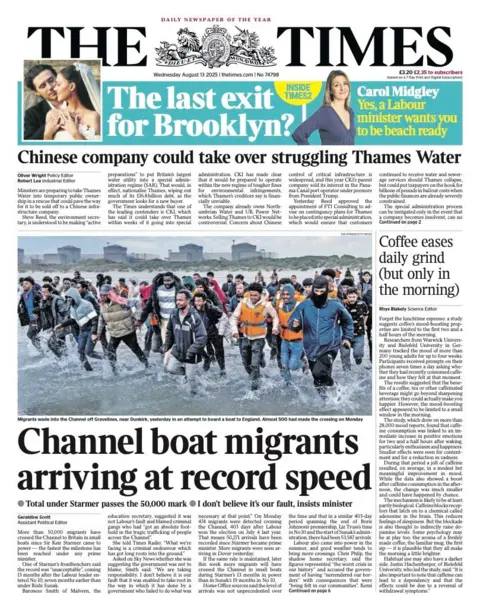 The headline on the front page of the Times reads: “Channel boat migrants arriving at record speed”