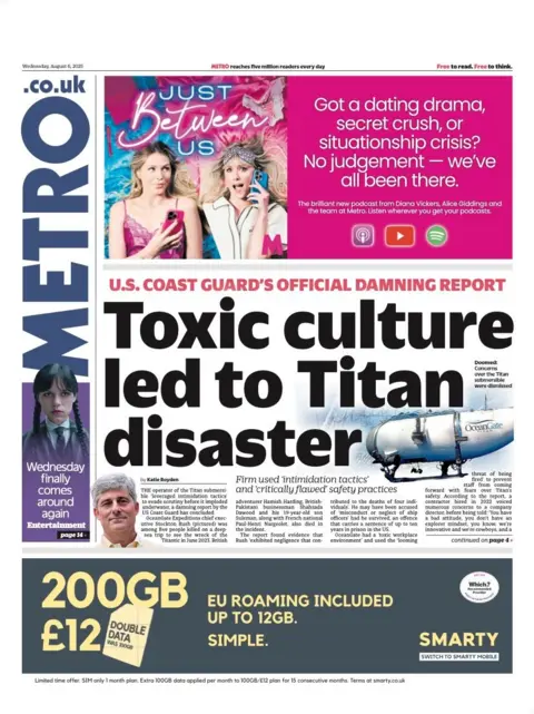 The headline on the front page of the Metro reads: “Toxic culture led to Titan disaster”
