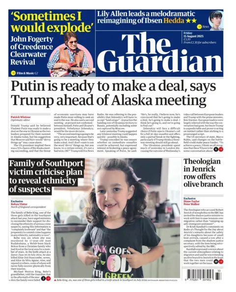 The headline on the front page of the Daily Mail reads: "Putin is ready to make a deal, says Trump ahead of Alaska meeting". 