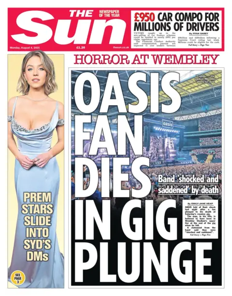 The Sun's headline says "Oasis fan dies in gig plunge" 