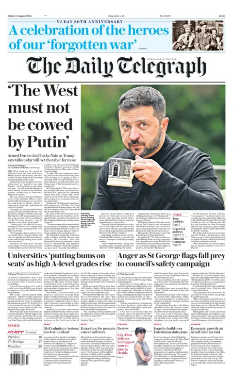The headline on the front page of the Daily Telegraph reads: "'The West must not be cowed by Putin'". 