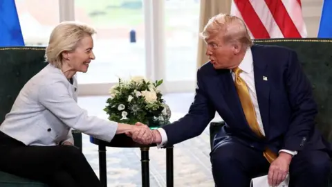 Donald Trump backs down from 250% EU pharma tariff in deal Reuters Ursuala von der Leyen and Donald Trump shake hands while seated.