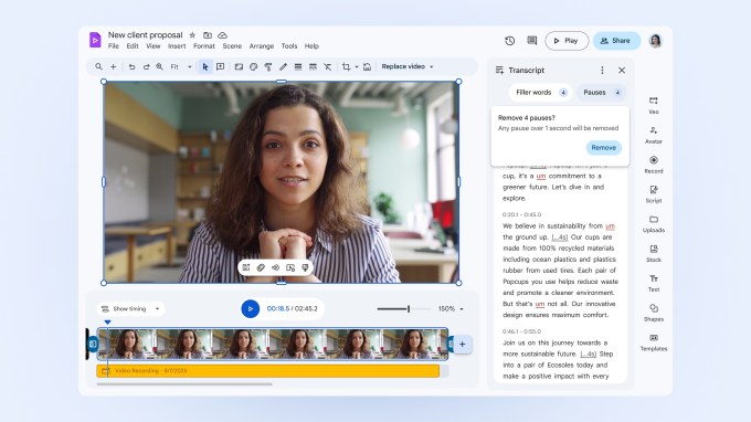 Google Vids adds AI avatars to its video editor and launches a consumer version A screenshot of Google Vids video editor showing a feature that lets you remove filler words like