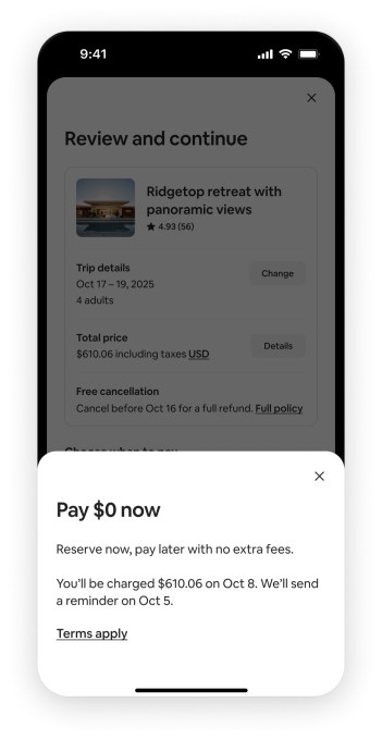 Airbnb will allow US users to book stays without paying up front First time booker Pay now Airbnb Airbnb will allow US users to book stays without paying up front