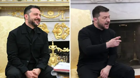 Key takeaways from Ukraine talks in Washington Getty Images Composite image showing Zelensky wearing a black jacket and shirt on Monday in the Oval Office on the left, with a photo of him from February's appearance when he was criticised for wearing military attire.