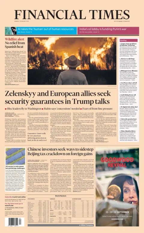 "Zelensky and European allies seek security guarantees in Trump talks" reads the headline on the front page of the Financial Times.