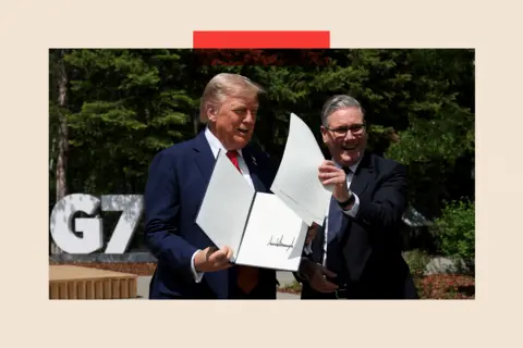 Trump's global tariffs 'victory' may come at a high price REUTERS/Suzanne Plunkett/Pool U.S. President Donald Trump and British Prime Minister Keir Starmer hold a signed Trade Agreement during a meeting at the G7 summit