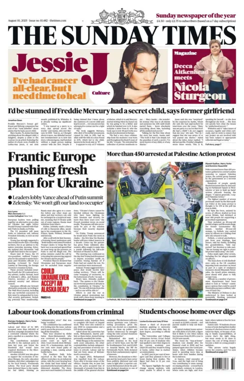 The headline on the front page of the Sunday Times reads: "Frantic Europe pushing fresh plan for Ukraine". 