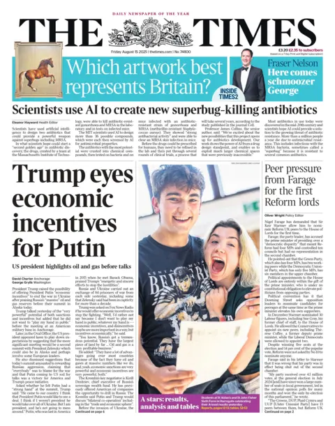 The headline on the front page of the Times reads: "Trump eyes economic incentives for Putin".