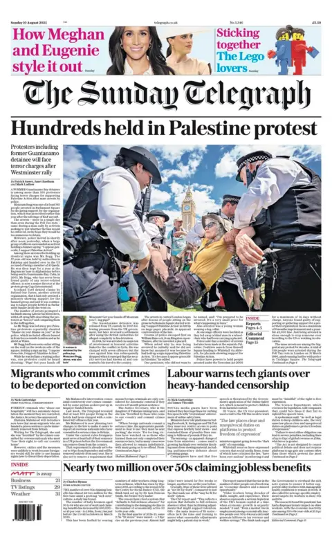 The headline on the front page of the Sunday Telegraph reads: "Hundreds held in Palestine protest".