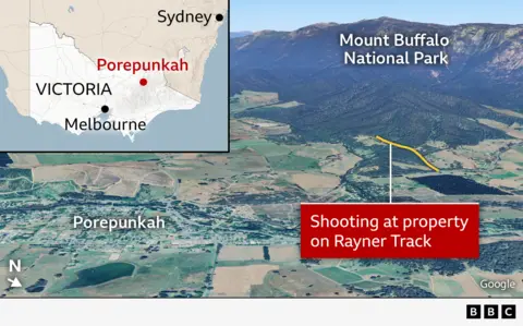 Police killed in Australia shooting named as manhunt continues A map of Australia highlighting Porepunkah, Melbourne, Sydney and the state of Victoria is superimposed on a 3D map of the Porepunkah area. This highlights Rayner Track where the shooting took place.