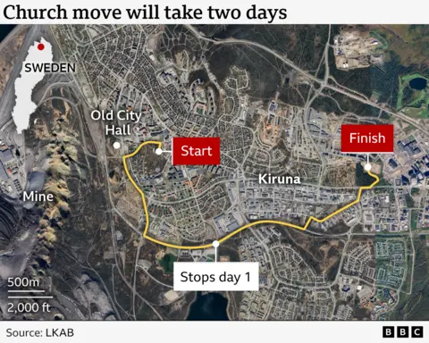 Entire church begins two-day journey across Swedish city of Kiruna A map showing the route along which the church will be transported