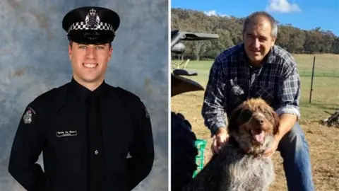 Police killed in Australia shooting named as manhunt continues Victoria Police A portrait of Senior Constable Vadim De Waart, wearing his police uniform, and a photo of Detective Neal Thompson posing with his dog.