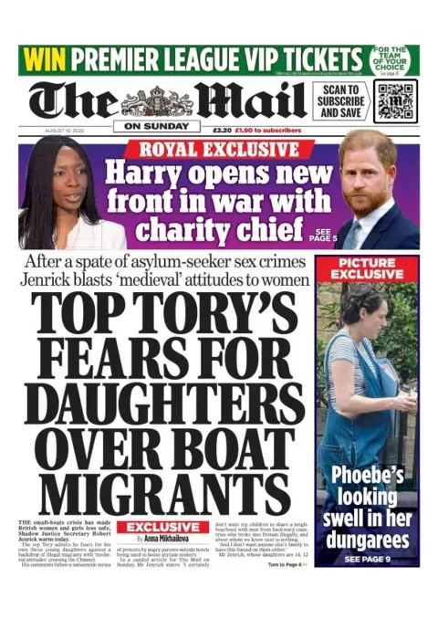 The headline on the front page of the Mail on Sunday reads: "Top Tory's fears for daughters over boat migrants".