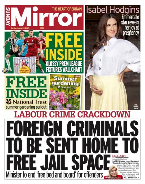 The headline on the front page of the Sunday Mirror reads: "Foreign criminals to be sent home to free jail space".