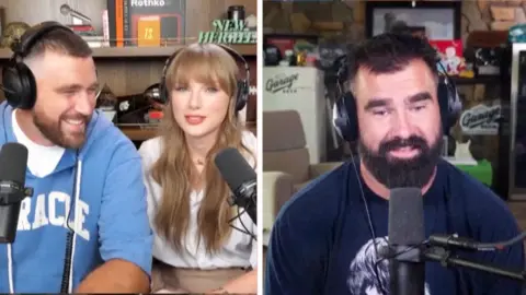 New album, Travis Kelce relationship Wondery/Taylor Swift Taylor Swift appears on the New Heights podcast. She is seated next to boyfriend and Kansas City player Travis Kelce. On a split screen, Jason Kelce, who co-hosts the program with Travis, appears with a microphone for the podcast