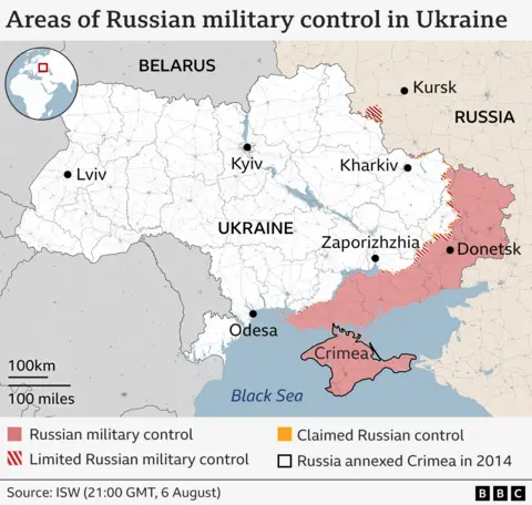 Why are Trump and Putin meeting in Alaska? Map showing which areas of Ukraine are under Russian military control or limited Russian control. A large section of the map, including Crimea and Donetsk are coloured in red to show that the areas are fully under Russian military control.