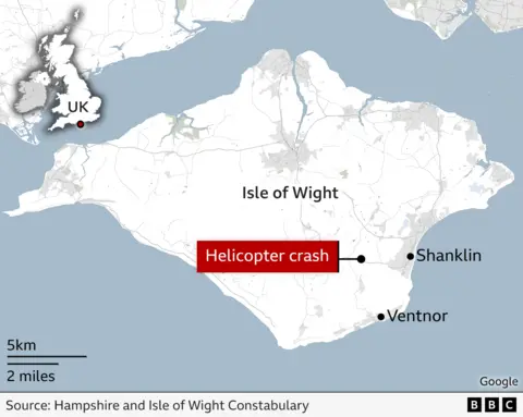 Family 'heartbroken' over fatal Isle of Wight helicopter crash A graphic showing the map of the Isle of Wight with Ventnor and Shanklin marked by black dots and the crash site also marked with a black dot and highlighted red writing labelling it as helicopter crash