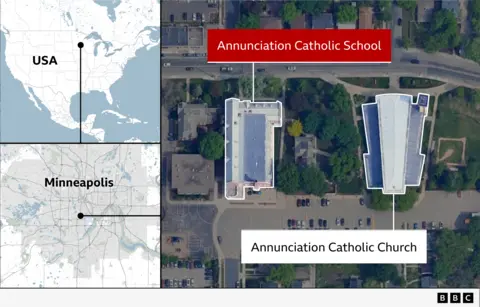 Minneapolis school shooting: What we know Three maps shown. On the top left, is where Minneapolis is located in the USA, the bottom left shows where the Annunciation Catholic Church is in Minneapolis. On the right, is a bird's eye view of the street, with the church on the left of the image and the school on the right.