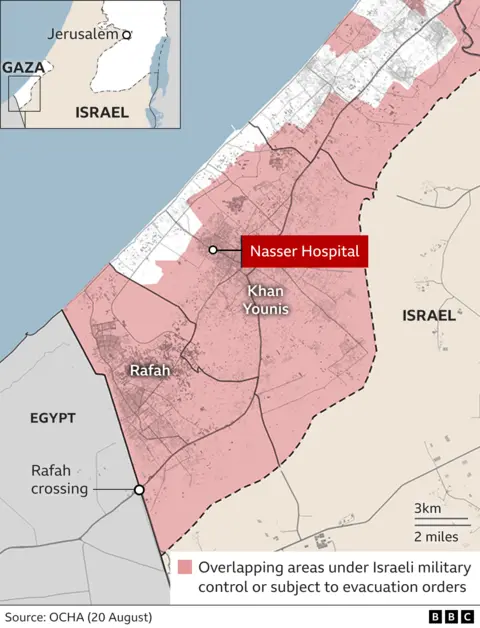 Israeli double strike on Gaza hospital A map showing the location of Nasser Hospital in Khan Younis, in southern Gaza. The hospital sits within an area coloured red on the map, which shows it is under Israeli military control or subject to evacuation orders.