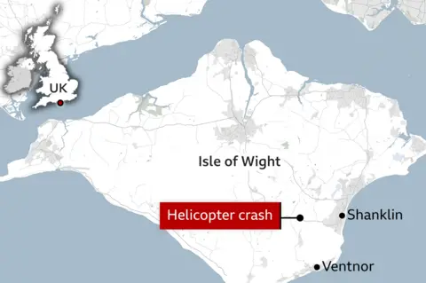 Three dead and one hurt in Isle of Wight helicopter crash Hampshire and Isle of Wight Constabulary A graphic showing the map of the Isle of Wight with Ventnor and Shanklin marked by black dots and the crash site also marked with a black dot and highlighted red writing labelling it as helicopter crash