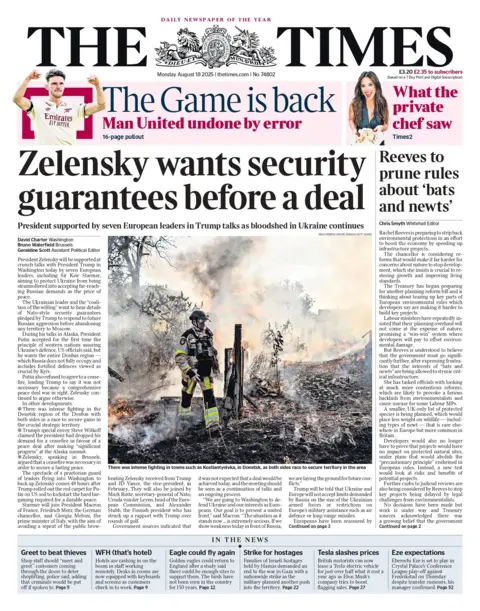 "Zelensky wants security guarantees before a deal" reads the headline on the front page of The Times.