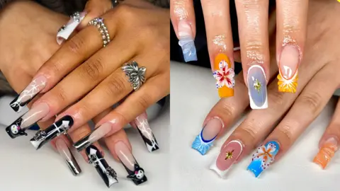 I didn't go to uni Faye Husband A side by side collage of two different nail photos. The nails on the left have a black and white french nail design, with silver cross charms and the Sanrio character Kuromi. The right nails are a beach theme with orange and blue flowers and shell-like 3D designs.
