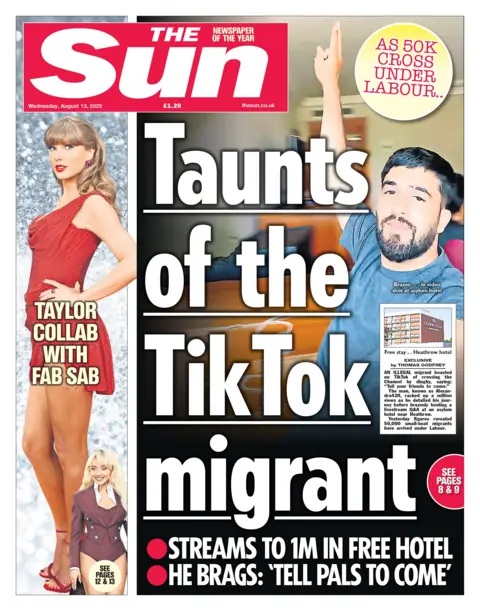 The headline on the front page of the Sun reads: “Taunts of the TikTok migrant”