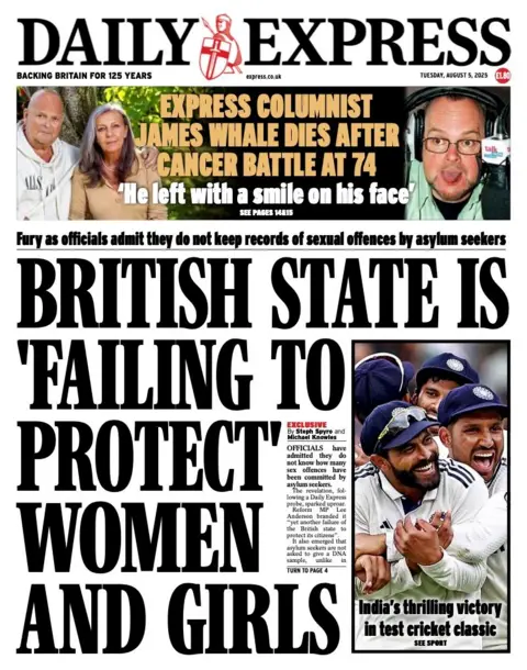 The headline on the front page of the Express reads: "British state is 'failing to protect' women and girls"