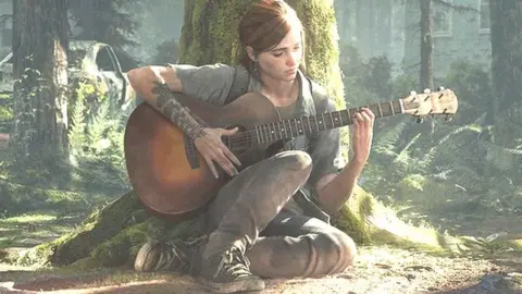 Twitch streamer Alyska and the female gamers defying stereotypes Sony Ellie in The Last of Us II, playing a guitar while sitting against a tree