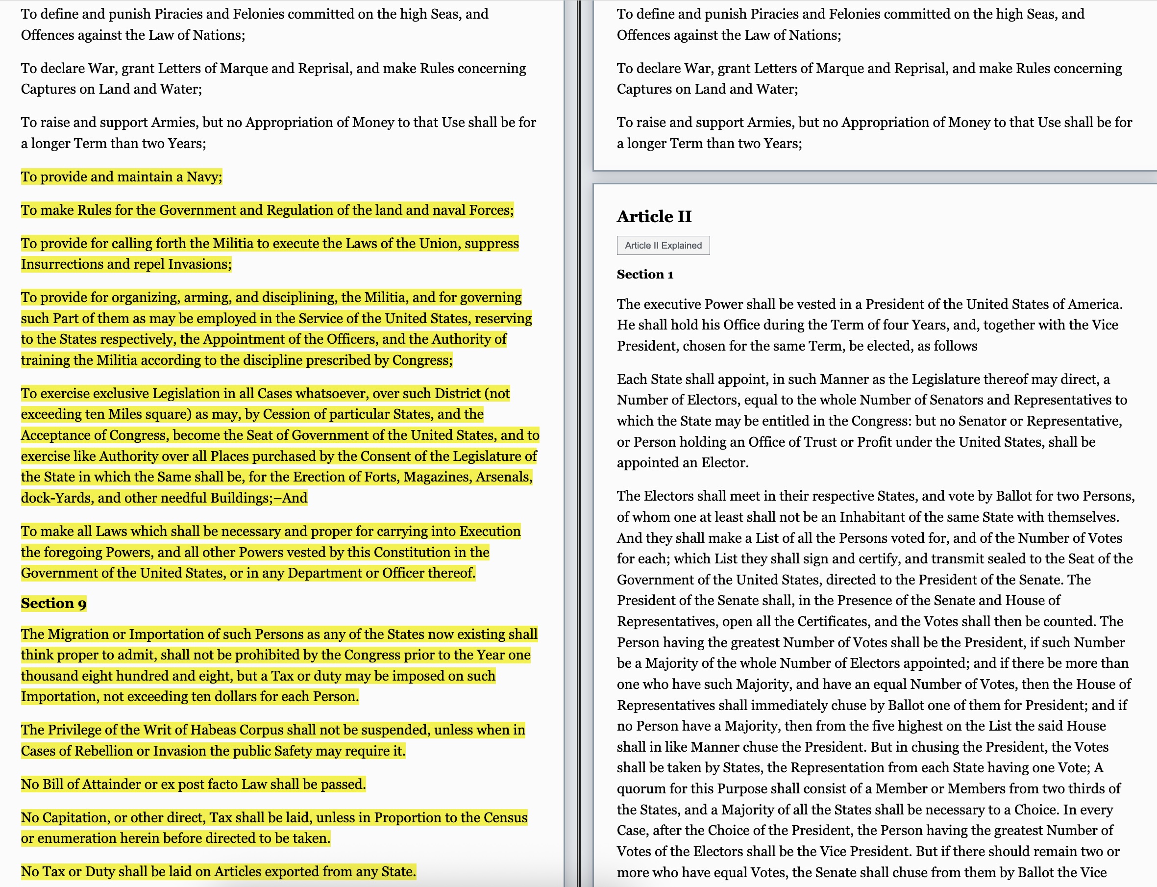 a screenshot showing a diff between the US constitution a few weeks ago, and the yellow chunk of text that has since been removed.