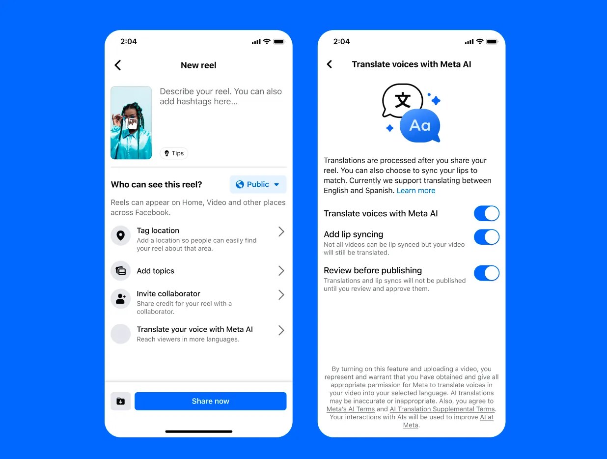 Meta rolls out AI-powered translations to creators globally, starting with English and Spanish a pair of screenshots showing the new translation feature in Instagram