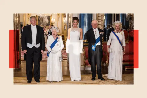 Why Trump's UK state visit is mired with potential pitfalls Jeff Gilbert - WPA Pool/Getty Images President Donald Trump (far left), Queen Elizabeth II, First Lady Melania Trump, Prince Charles Prince of Wales and Camilla Duchess of Cornwall attend a State Banquet at Buckingham Palace on June 3, 2019 in London