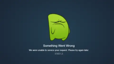 Silksong demand prompts Steam and game store crash Steam A green blob-like character looks disgruntled. Underneath, it says "something went wrong, we were unable to service your request, please try again later".
