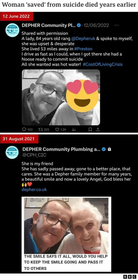 'Hero' plumber James Anderson's firm breached multiple rules, report finds Graphic showing two tweets, one from 12 June 2022 with an image of a woman whose face is obscured by an emoji and who is described as having tried to kill herself. The second, from 31 August 2021, shows the same woman with her face visible and says she had already died.