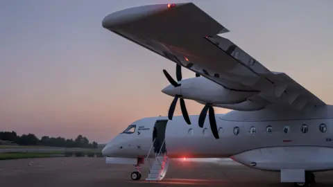 Electric aviation awaits a battery breakthrough Heart Aerospace Heart's X1 looks like a large private jet. Visible are two propellers on the wing and a ladder leads up to the cabin door.